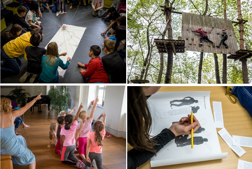 4 Bilder mit Kindern beim Lernen und Spielen während der Schulsozialarbeit Dresden