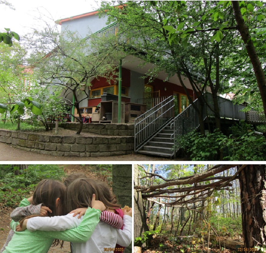 Außenansicht des Freinet Kinderhaus Friedewald und umarmende Kinder
