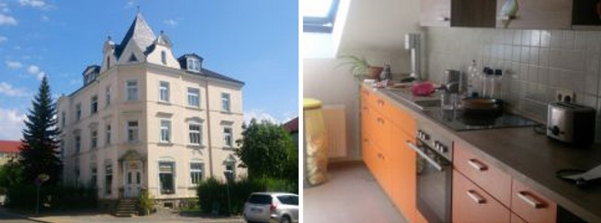 Haus und Küche des betreuten Wohnens Radebeul