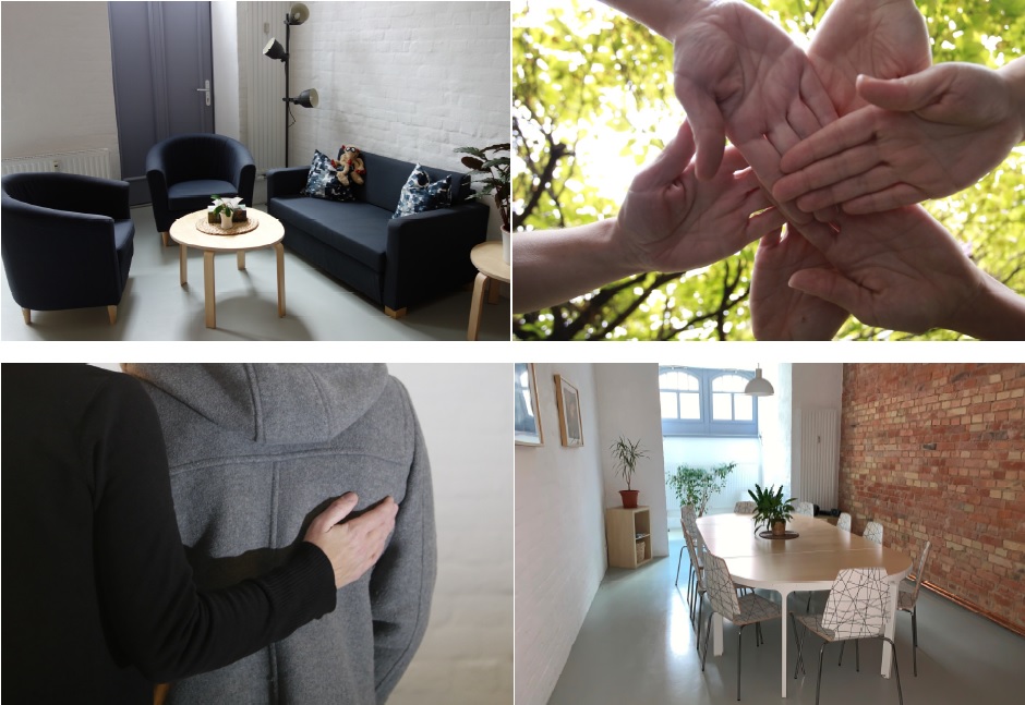 Fotos der ambulaten Erziehunghilfe: Tisch mit Stühlen, mehrere Hände, Sofa