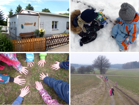 Gebäude und spielende Kinder Kita Koboldhäusel
