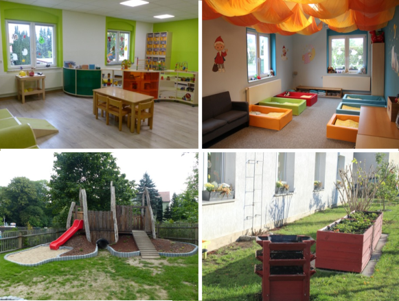Zimmer, Hochbeet und Spielplatz Kita Koboldhäusel